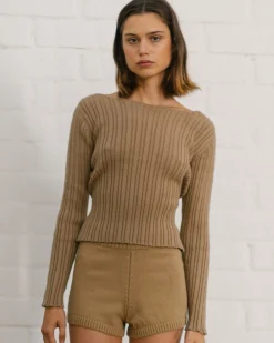 Honest Backless Knit Top Camel