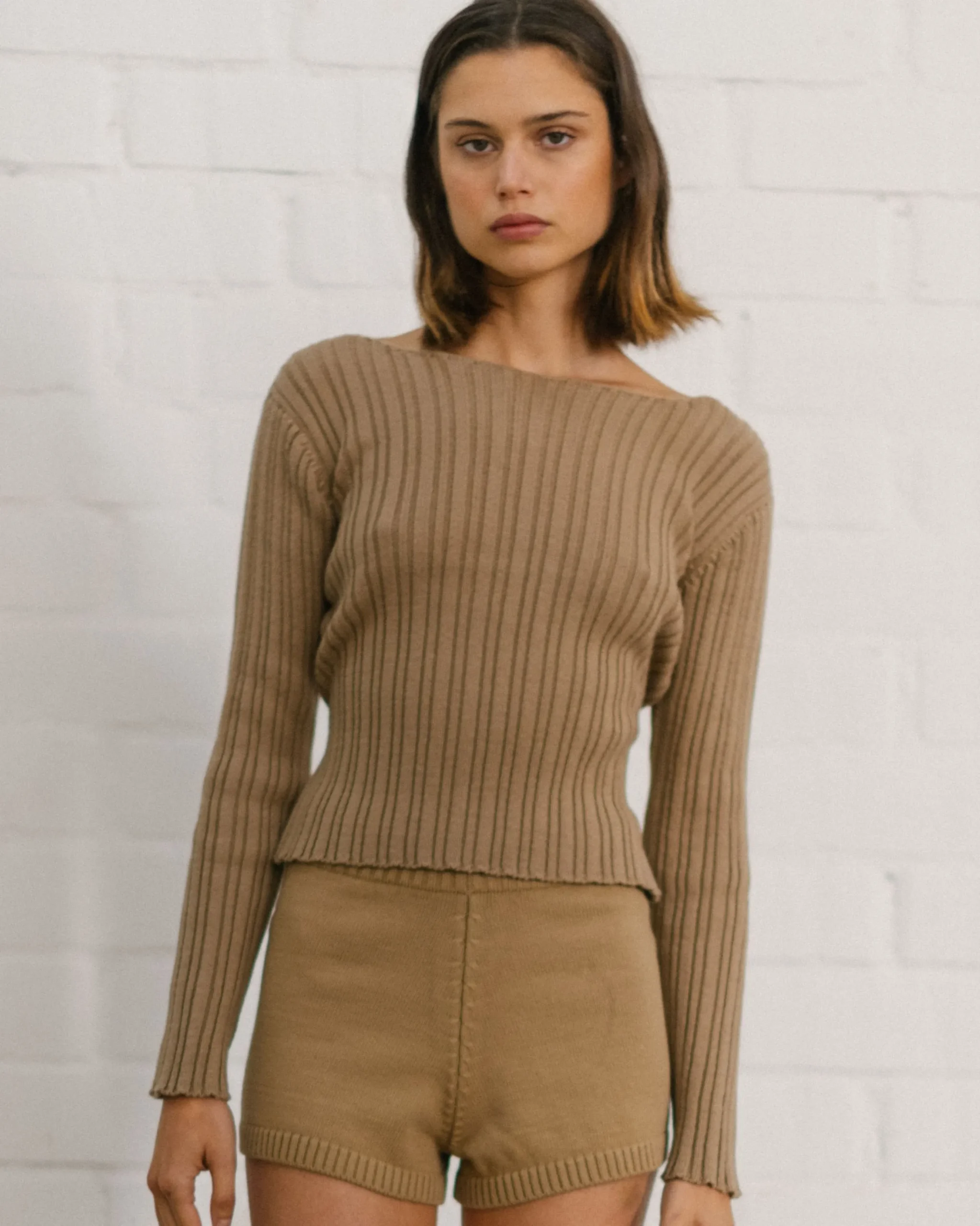 Honest Backless Knit Top Camel